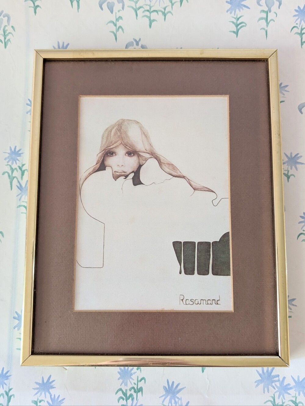 Vintage 70s Christine Rosamond Blue Ice Lithograph Print Framed 5 x 7 Boho MCM